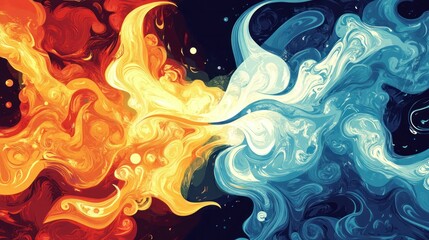 Stylized elemental background showcasing abstract, symbolic patterns of fire, water, air, and earth