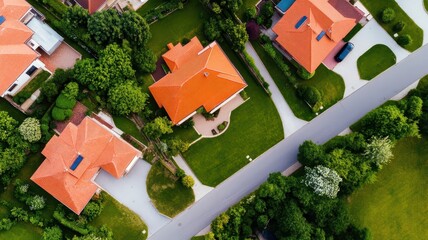 Naklejka premium Tranquil modern suburban neighborhood featuring lush green lawns and charming family homes.