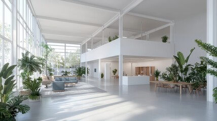 Contemporary tech office featuring a blank white wall ideal for creative mock-up designs and presentations.