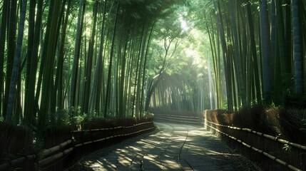 Fototapeta premium Serene Path Through a Lush Bamboo Forest