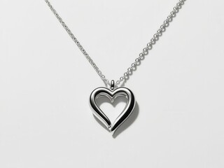 Heart-shaped pendant necklace on a silver chain, white isolate background.