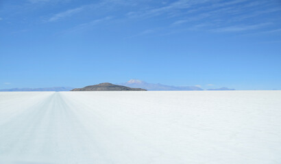 Panorama of the bottom of the dry salt-covered lake Salar de Uyuni in southern Bolivia