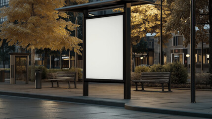 Urban street scene with blank billboard surrounded by autumn trees, benches, and modern buildings at dusk.