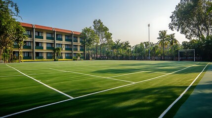 Obraz premium Empty Green Field Surrounded by Buildings and Trees