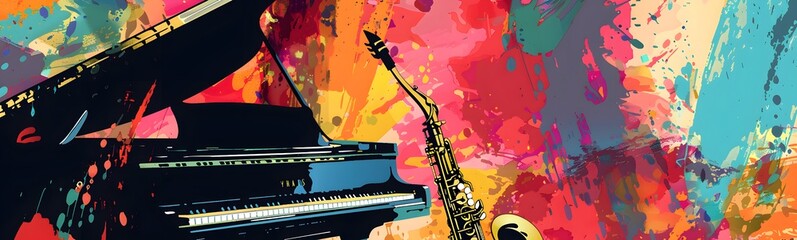 Naklejka premium Jazz music background poster band instrument concert piano art abstract. Background jazz saxophone music flyer illustration design party festival singer orchestra player musician fest banner guitar. 