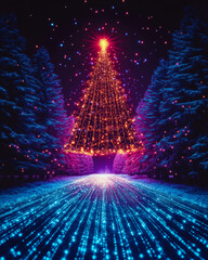 Neon Cyber Cityscape with Futuristic Data Streams