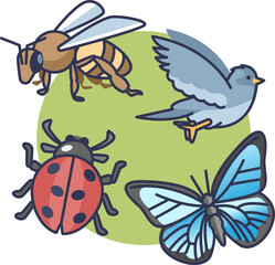 Illustration of bee, bird, ladybug, and butterfly symbolizing biodiversity.