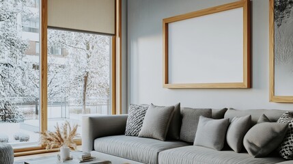 Cozy living room, winter view through window