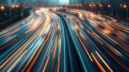 Obraz premium Long exposure photograph of a busy urban highway at night showcasing colorful light trails from fast-moving vehicles, surrounded by illuminated streetlights and modern city architecture.