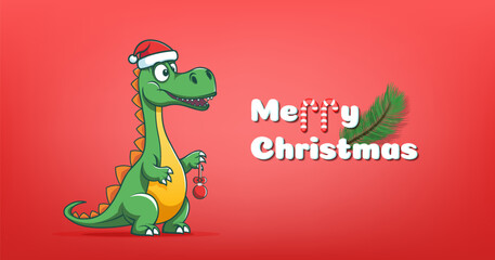 Vector green cartoon funny cute baby dinosaur rex or crocodile cub. Cartoon prehistoric extinct animal, reptile in Santa Claus hat. Merry Christmas and Happy New Year. Ball toy and fir branch.