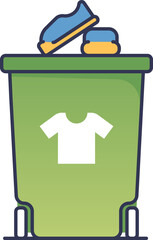 Green donation box with a shirt icon and shoes on top, symbolizing clothing and shoe donation.
