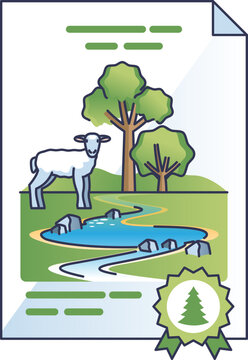 Illustration of a conservation easement deed with trees, a stream, and a sheep symbolizing land preservation.