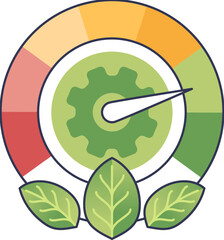 Energy efficiency gauge with green leaves symbolizing eco-friendly practices.