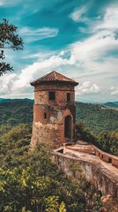 Fototapeta premium Historic Watchtower on a Hill Offering Scenic View