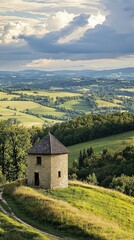 Obraz premium Historic Watchtower on Hill with Sweeping View