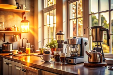 Bright and Airy Room with Household Appliances Showcasing Macro Photography Details of Kitchen Utensils, Modern Appliances, and Natural Light Streaming Through a Large Window