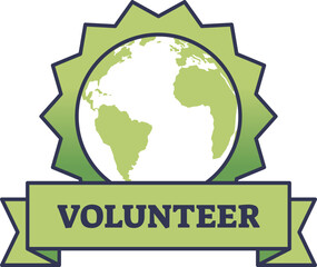 Green globe badge with 'Volunteer' text symbolizes global volunteerism.
