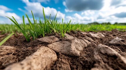 Grass growing on textured soil under blue sky