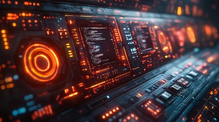 Obraz premium Futuristic control panel holographic security screens visualizing robust network defense and data safety in digital space