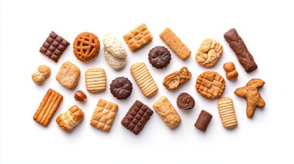 Isolated dog biscuits displayed in a creative arrangement on a white background, highlighting their vibrant colors and various textures, suitable for commercial use in pet product marketing