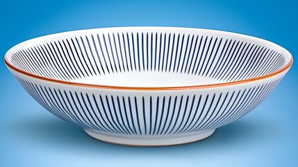 Blue and White Striped Ceramic Bowl on Blue Background