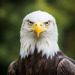 Obraz premium Close Up Portrait of Bald Eagle with Intense Expression on Green Blurred Background