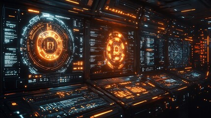Obraz premium Futuristic control panel holographic security screens visualizing robust network defense and data safety in digital space