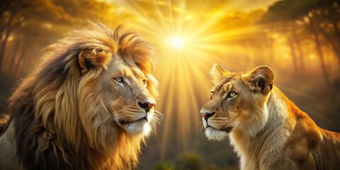 Candid Capture of Adult Lions in a Zoological Garden: Lion and Lioness Embracing in Golden Sunset Rays, Showcasing Love and Tenderness among Nature's Majesty