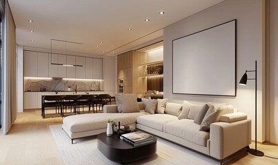 Fototapeta premium living room interior design with a white blank wall art mockup, a beige sofa, and a coffee table near an open kitchen in a modern-style home decor with wood paneling and lighting lamps