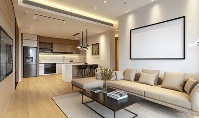 modern living room interior design with a white blank wall mockup frame on the wooden floor and a light beige sofa, black coffee table, and dining area in the background