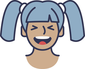 Cartoon of a laughing female face with pigtails, expressing joy and happiness.