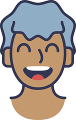 Cartoon face with blue hair, smiling widely, symbolizing joy and happiness.