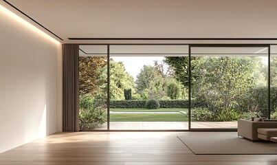 Fototapeta premium modern, empty room with a white wall and wooden floor. Minimal home interior design of a living space mock-up, with a panoramic window view to the garden landscape outside the glass door