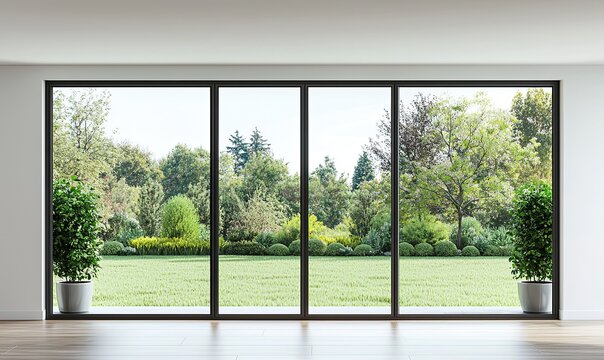 Fototapeta modern, empty room with a white wall and wooden floor. Minimal home interior design of a living space mock-up, with a panoramic window view to the garden landscape outside the glass door