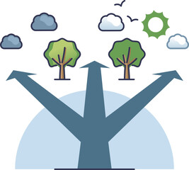 Three paths diverge under a sunny sky, symbolizing choices and new directions.