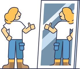 Person giving thumbs up to reflection, symbolizing self-affirmation.