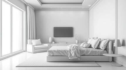 modern luxury bedroom interior design with a bed, sofa, wall mock-up, decorated in a contemporary style