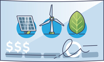 Illustration of renewable energy symbols on a dividend check.