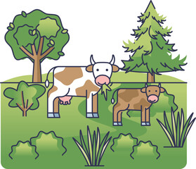 Obraz premium Cows grazing among trees and shrubs, illustrating silvopasture.