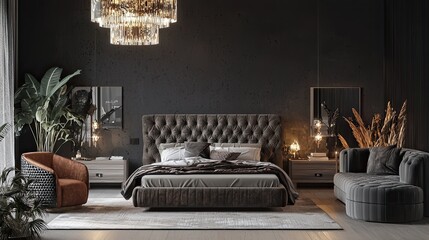 modern luxury bedroom interior design with a bed, sofa, wall mock-up, decorated in a contemporary style