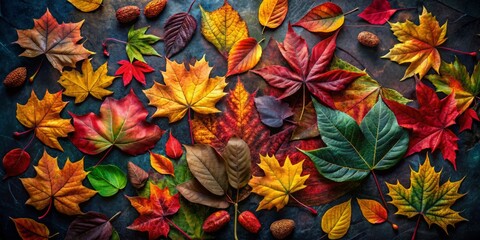 Captivating Autumn Etude: A Multicolored Display of Autumn Leaves Against a Dark Background, Perfect for Fashion Photography Inspiration and Seasonal Design Aesthetics