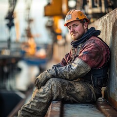 A rugged Caucasian male construction worker resting at a bustling industrial site.