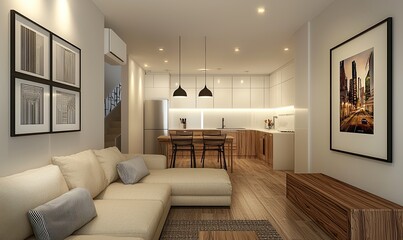 Fototapeta premium A modern interior design of a living room with a mockup poster frame on the wall, a beige sofa, and a kitchen in the background. The room features a wooden floor and lighting