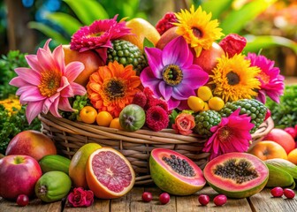 Captivating Brazilian Flowers in Vivid Shades of Pink Among Delicious Tropical Fruits for a Colorful Culinary Experience