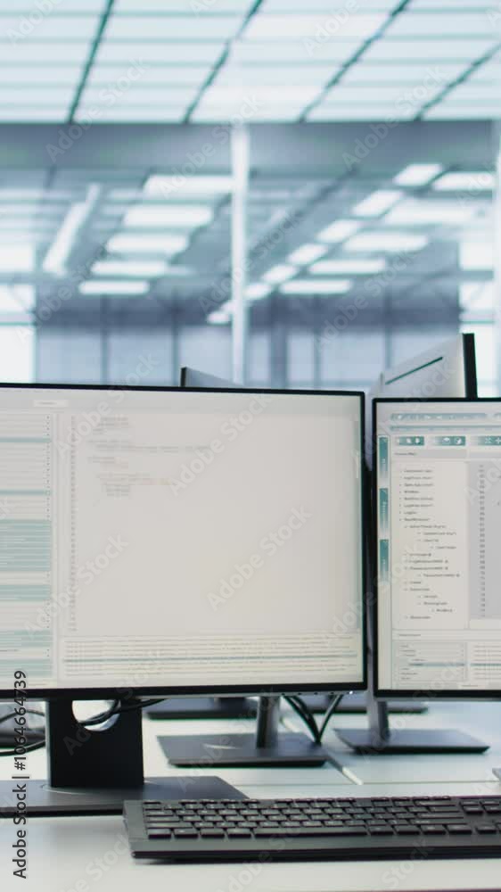 Poster lines of code running on computer screens in data center, used for troubleshooting rackmounts in ser