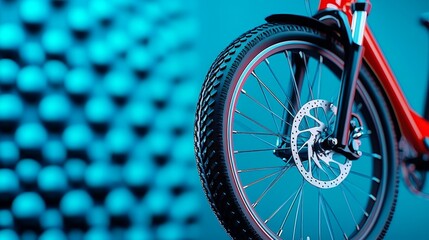 Fototapeta premium Closeup of Bike Wheel with Disk Brake and Blue Background