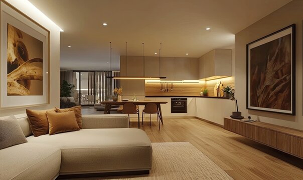 A modern interior design of a living room with a mockup poster frame on the wall, a beige sofa, and a kitchen in the background. The room features a wooden floor and lighting