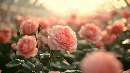 A close-up shot of a delicate pink rose in full bloom surrounded by other roses in a garden setting with a soft, sunlit background