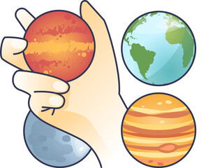 Hand squeezing planet stress balls, symbolizing stress relief and cosmic calm.