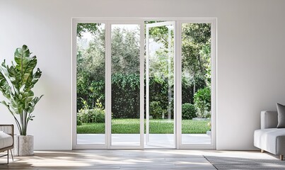 modern, empty room with a white wall and wooden floor. Minimal home interior design of a living space mock-up, with a panoramic window view to the garden landscape outside the glass door. A blank temp